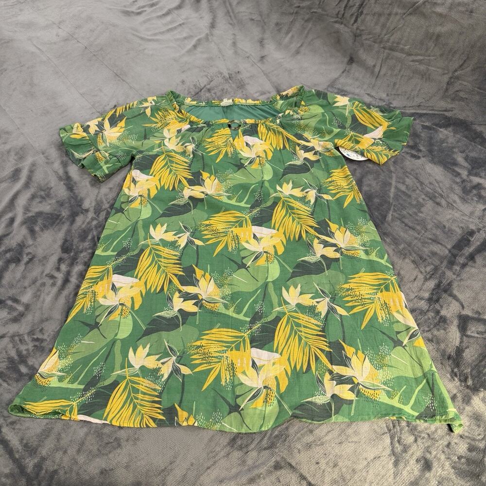 NWT Naif Tropical Palm Print Shift Dress, XL Green | 60s Retro Luau Flowy Boho
